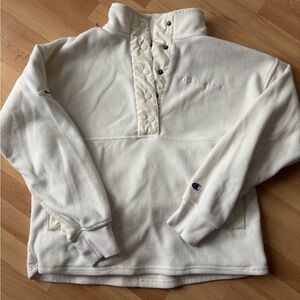 CHAMPION Fleece Snap Pullover Sweatshirt Women Sz Medium Cream Ivory Mock Neck